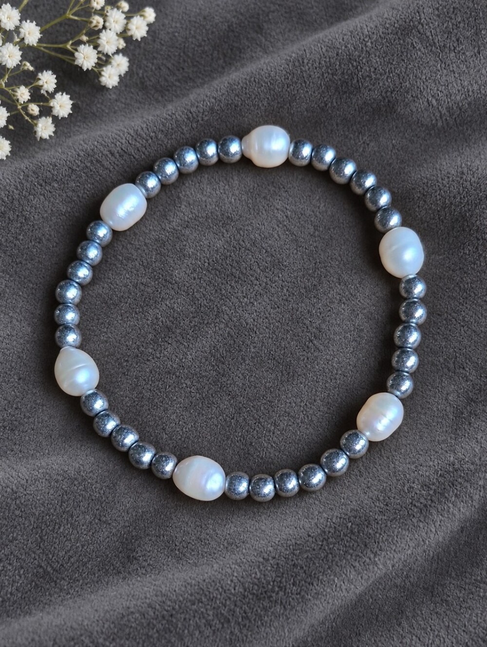 Freshwater Pearl and Silver Hematite Beadef Stretch Bracelet | Handmade